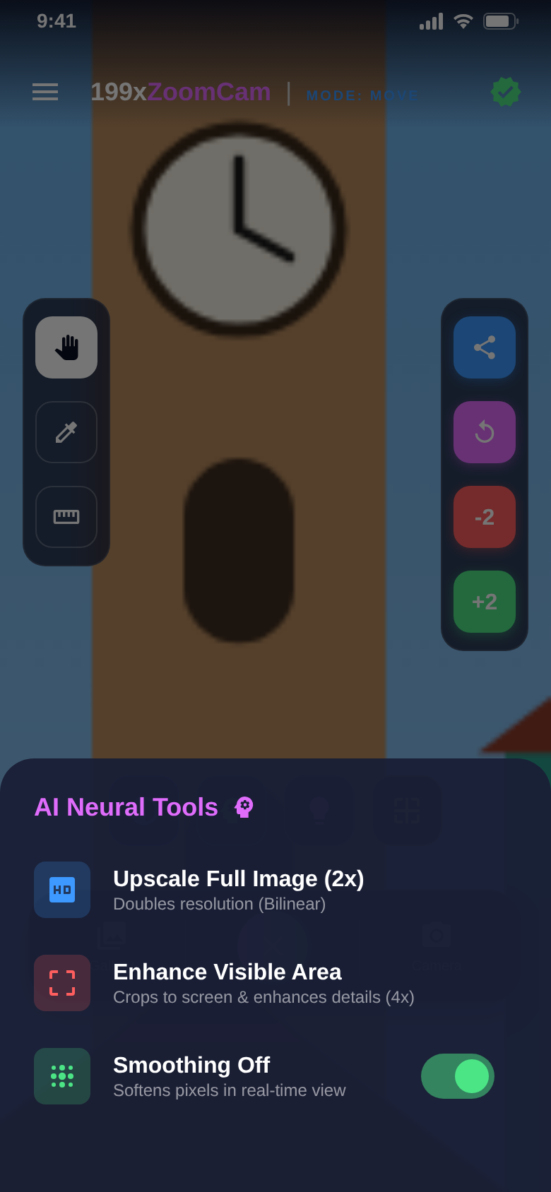 AI Neural Tools menu with Upscale Full Image (2x), Enhance Visible Area (4x) and a smoothing switch