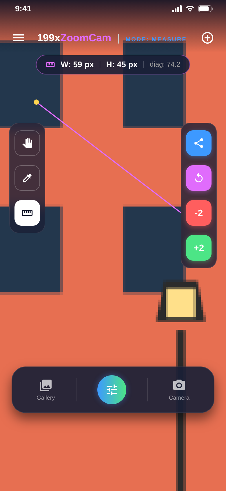 Measure mode with a line between two points: W 59 px, H 45 px, diagonal 74.2